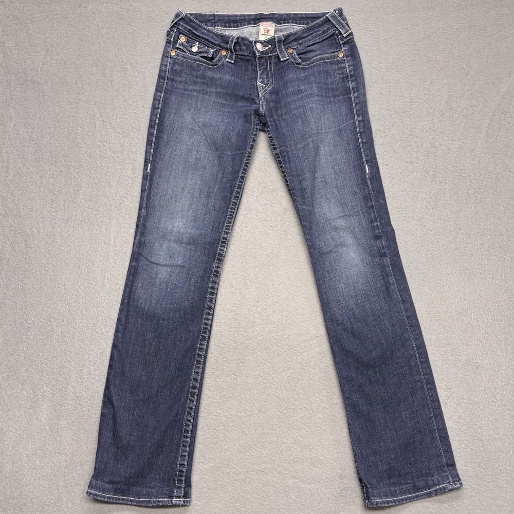 True Religion Jeans Womens 29 Blue Low Rise Dark Wash Rainbow Pockets Y2K USA - Picture 3 of 15